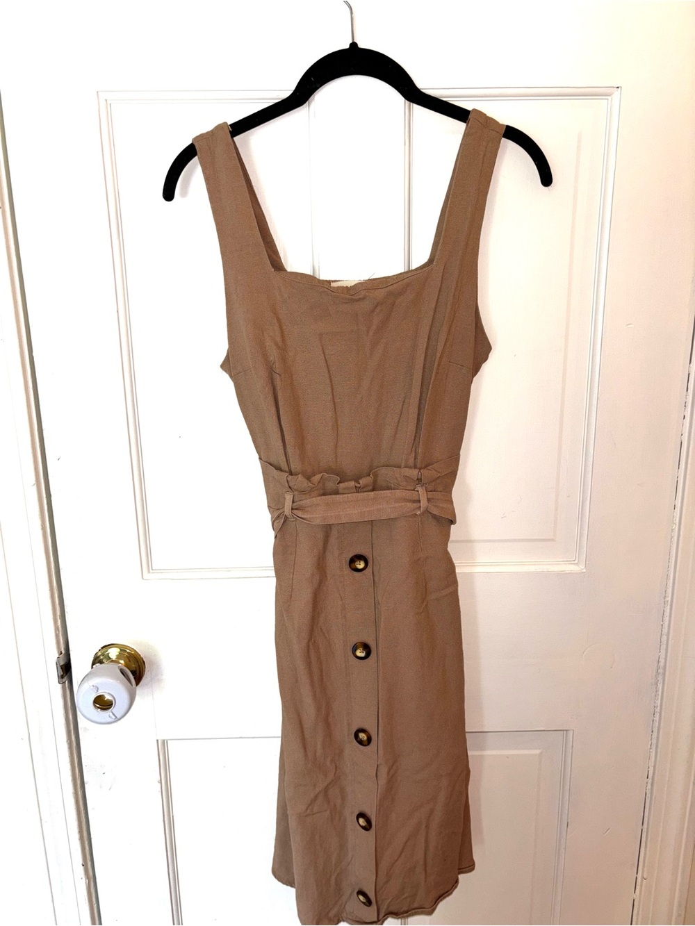 Monteau Sleeveless Camel Button-Front Midi Dress with Waist Tie